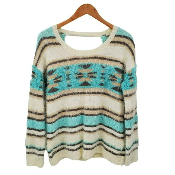 Xhilaration Sweaters - Xhilaration Junior Aztec Striped Eyelash Pullover Sweater Sz Small Open Back